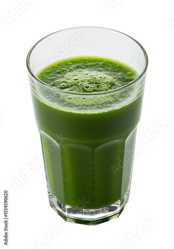 Vibrant green smoothie in a clear glass, filled nearly to the brim. Bubbles on top