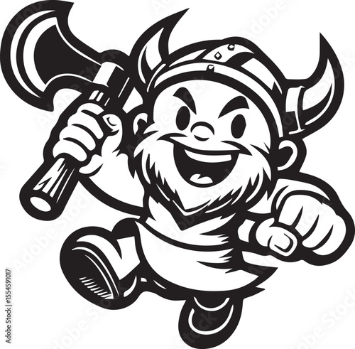 This black and white illustration portrays a robust, cartoon Viking character with a thick beard and a horned helmet, wielding an axe. The Viking has a wide, enthusiastic grin and appears to be in mot