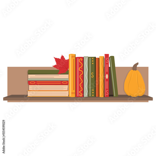 Books shelf with books row ad autumn decor.. Library stack literature, study bookshelf. Flat vector illustration isolated on white background