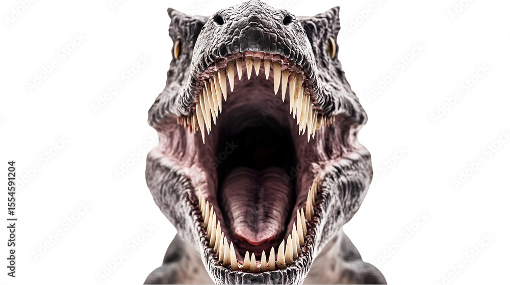 Naklejka premium Ferocious Tyrannosaurus Rex showcases its massive teeth in a close-up studio shot with a transparent background, emphasizing raw power.