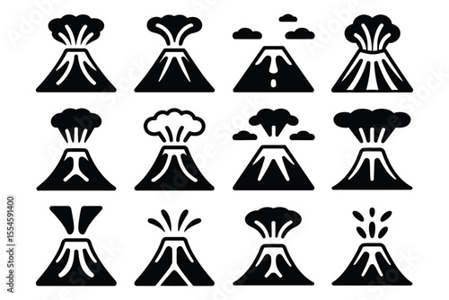 Set of stylized black and white volcano icons showing eruptions with smoke and ash

