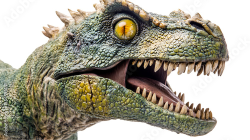 A detailed dinosaur head showcases its textured skin, sharp teeth, and captivating yellow eye against a stark black backdrop, transparent background