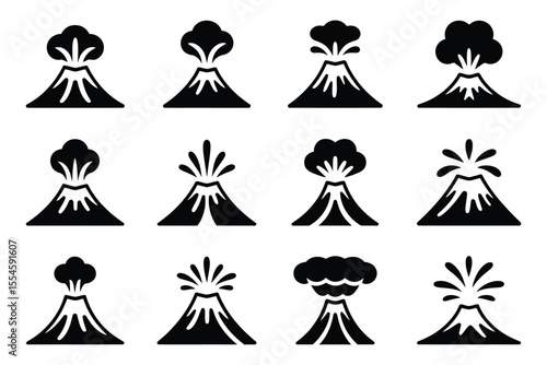 Set of stylized black and white volcano icons showing eruptions with smoke and ash

