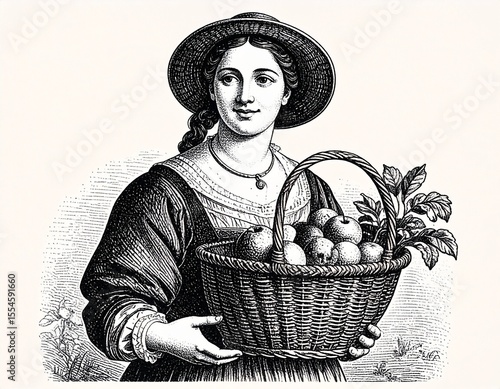 Vintage artwork of woman holding a basket of apples and her face shows the look of pride and happiness.