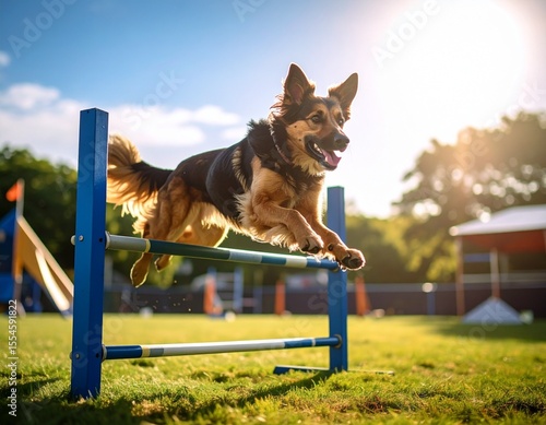 A captivating action shot captures a nimble dog fearlessly leaping over a blue hurdle during agility training on a sun-drenched field. It encapsulates the essence of canine athleticism, focus.