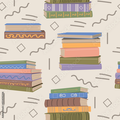 Seamless book stacks background. Hand drawn back to school knowledge concept	