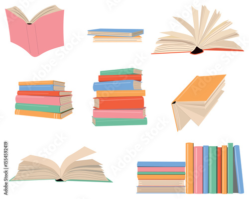 A pile of books set. Book stickers for a reading journal. Open and closed books for reading. Education, knowledge, concept of training. 
