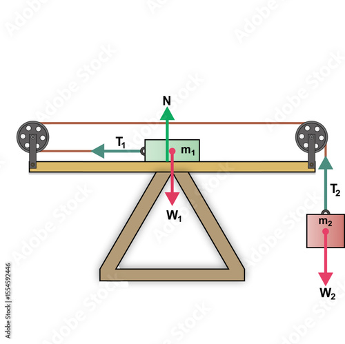 Free body diagram of Two objects are connected by a string passing over two fixed pulleys, with the first block resting on a smooth horizontal surface while the second block hangs freely.
