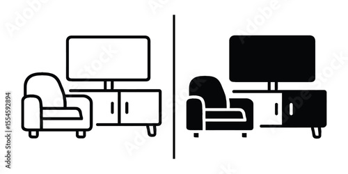 Symmetric Lounge & TV Set Icon: A meticulously crafted icon set showcasing the modern arrangement of a comfortable armchair and a sleek television set.