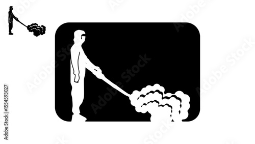 worker disinfecting with apparatus releasing smoke, black isolated silhouette