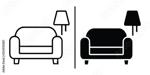 Armchair and Table Lamp Icons: A pair of simple and elegant icons depicting an armchair and a table lamp, presented in both line art and solid black versions.