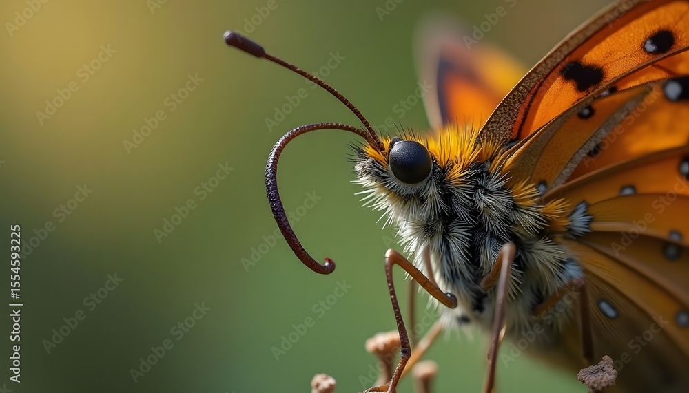 Obraz premium Butterfly orange wings black spots curled proboscis detailed focus on head and eye blurred green background