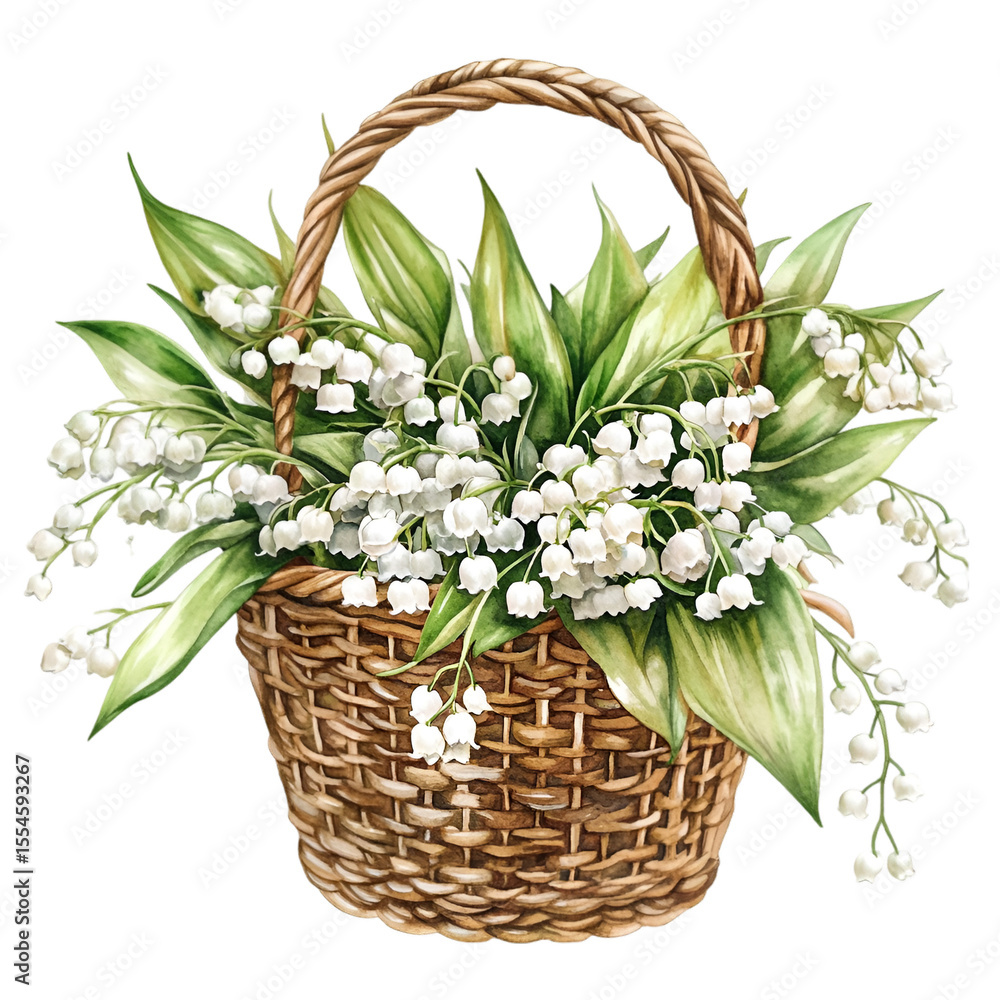 Obraz premium A delightful basket overflowing with fragrant white lily of the valley flowers and vibrant green leaves, on a clean transparent background.