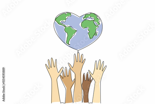 Continuous one line drawing several hands are raised upwards and above a heart shaped globe. Mass organizations ready to protect the earth. Global Love Day. Single line draw design vector illustration