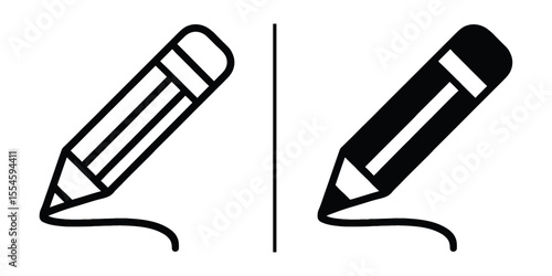 Pencil Icon set: This image showcases a stylized pencil, rendered in two distinct variations – a classic black and white line art and a filled-in.