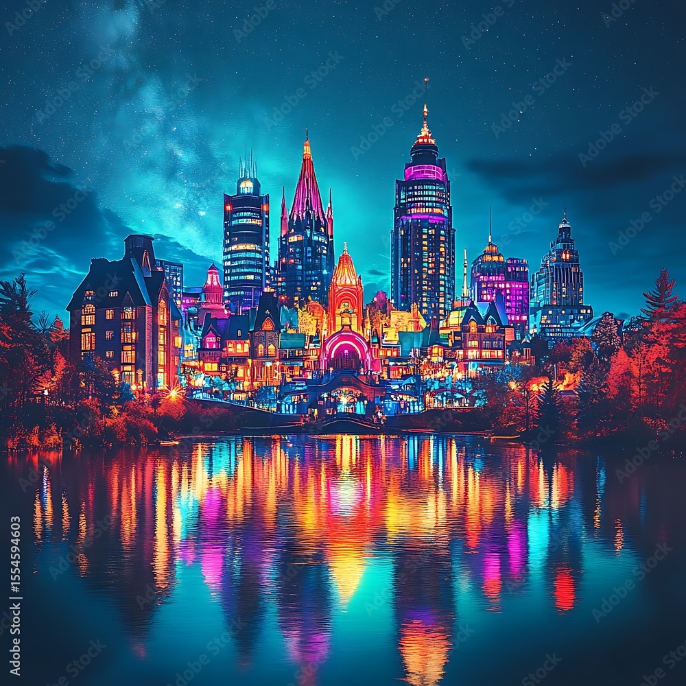 Obraz premium Fantasy city skyline reflecting brightly into water under night sky