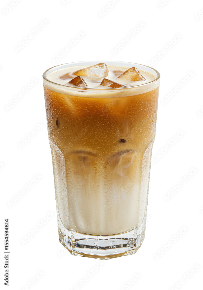 Iced latte drink in a tall glass, with brown coffee layered over white milk and ice Iced latte drink in a tall glass, with brown coffee layered over white milk and ice