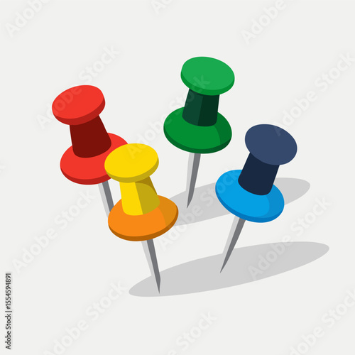 Collection of colorful push pins including red green blue and yellow on a white background