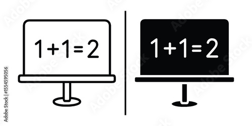 Dual Monitors: a study in contrasts, each monitor displays the fundamental arithmetic, 1+1=2, symbolizing the basic principles of math, with a nod towards the world of education.