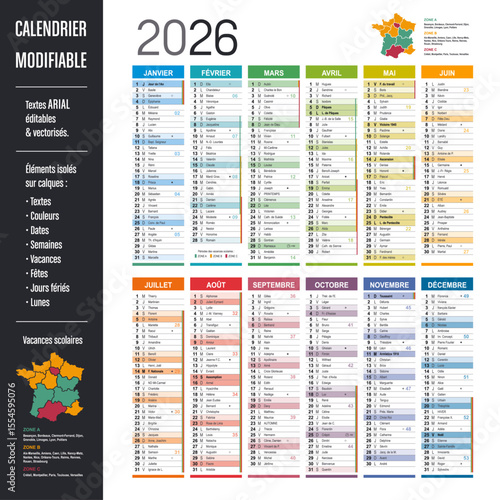Calendrier Français 2026 modifiable France, éléments isolés sur calques, textes en Arial, éditables et vectorisés.