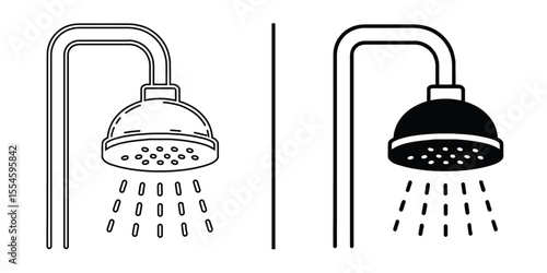 Shower heads: An artistic black and white illustration featuring two shower heads, one with a solid black design and the other with a detailed outline.