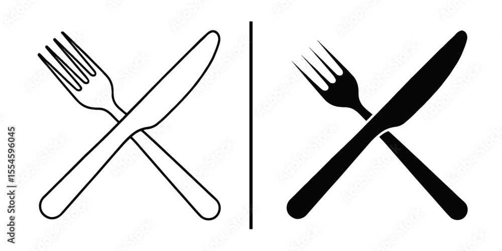Fototapeta premium Cutlery Silhouette: A simple illustration of a knife and fork in two styles, embodies dining and food preparation. Perfect for restaurant and culinary themes.