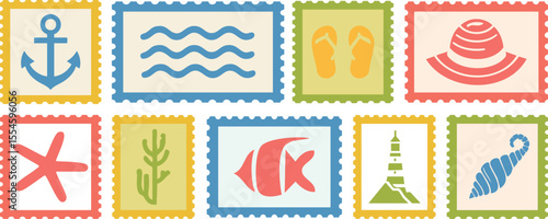 Vintage summer vacation postcard stamp set. Italian Hand drawn travel postage. Vector retro frame label border element design, amalfi badge, lemons, tomato, seashell.