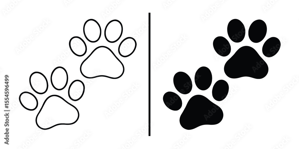 Fototapeta premium Paw Prints Illustration: An image of paws illustrates, depicting an animal's footprints with two distinct styles: one outlined and the other filled, offering versatility for design projects.