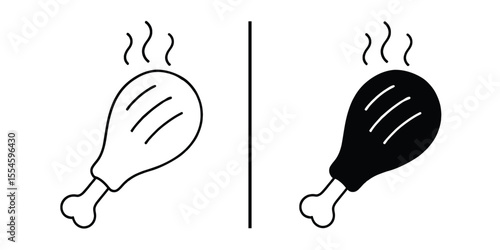 Succulent Chicken Leg Icon: An inviting pair of stylized illustrations present a delectable chicken leg, steaming with savory appeal. The minimalistic design.