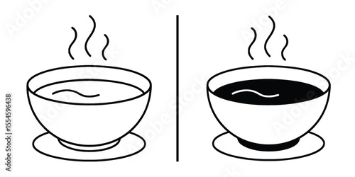 Soup Duel: A contrasting pair of simple line art bowls of soup steaming, one light and one dark, hinting at the diversity of flavors and experiences in the realm of gastronomy.