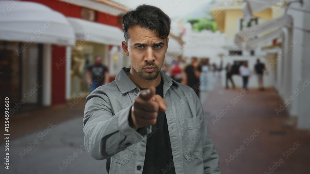 Obraz premium Young hispanic man gestures on a bustling city street, inviting the camera with a confident expression, surrounded by urban outdoor scenery and blurred passersby.