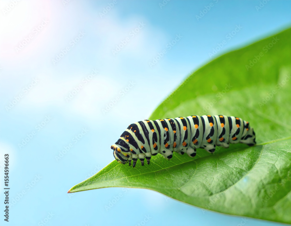 Fototapeta premium Colorful Caterpillar Crawling on a Green Leaf Against a Blue Sky
