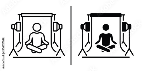 Studio Setup Concept: A side-by-side artistic representation shows a minimalist, monochromatic studio setup for a photoshoot, featuring a person in lotus position with studio lighting in use. 