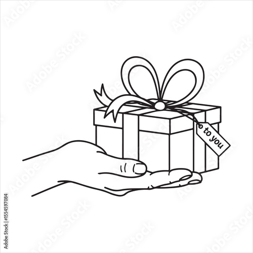 Hand Holding Gift Box Outline – Present with Ribbon and Tag Clipart