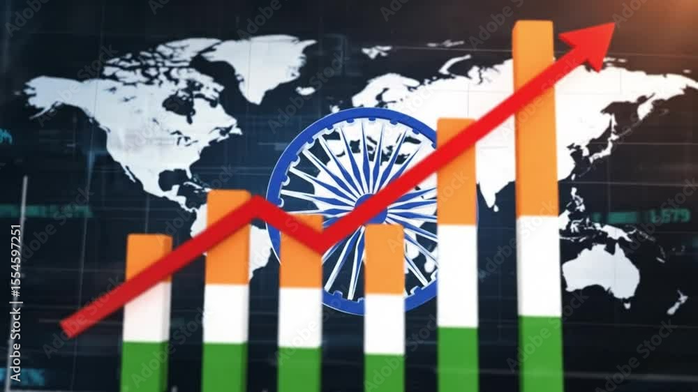 Indian flag colored bars with a downward red arrow over a world map and chakra symbol background