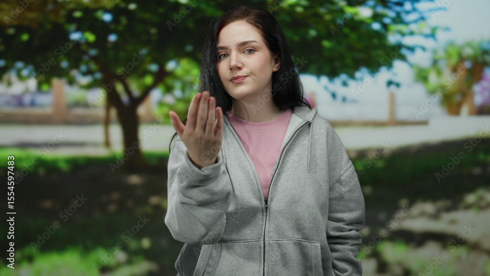 Woman in a park gestures towards the camera with a smile, surrounded by lush green trees, wearing a gray hoodie. Woman in a park gestures towards the camera with a smile, surrounded by lush green trees, wearing a gray hoodie.