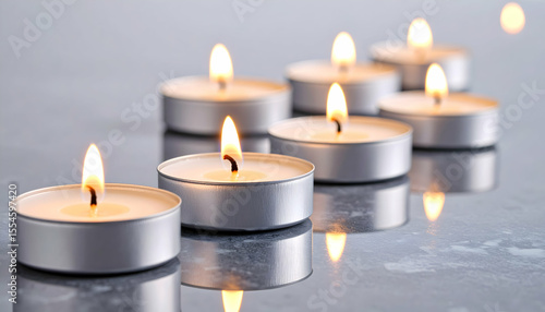 Burning Tealight Candles Arranged on Gray Reflective Surface, Warm Light
