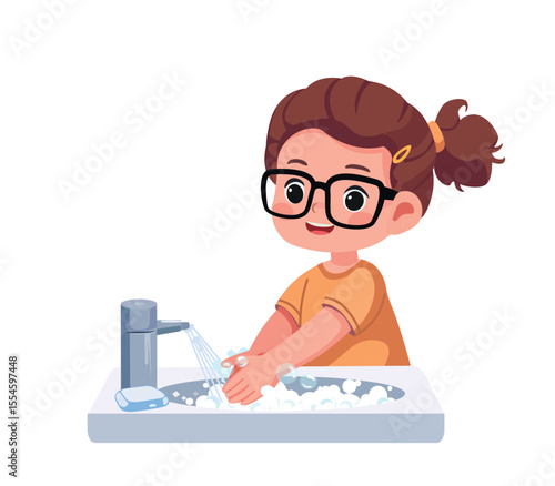 happy kid washing hands for daily personal care cartoon vector illustration