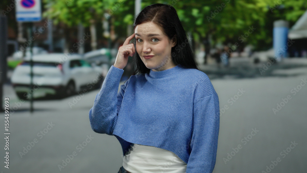 Woman with brunette hair in blue sweater makes a thinking gesture on a busy street with parked cars and trees in the background. Woman with brunette hair in blue sweater makes a thinking gesture on a busy street with parked cars and trees in the background.