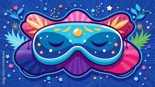 Decorative sleep mask with closed eyes and dreamy elements surrounded by stars and leaves on a magical night background