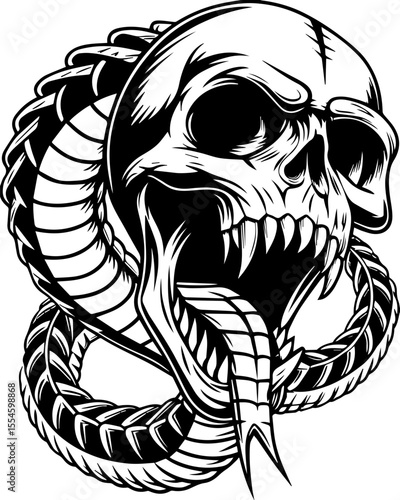SVG featuring a dark fantasy skull design perfect for bold tattoo art. 
 Artistic Skull and Snake Graphic Design for Tattoo and Apparel Use