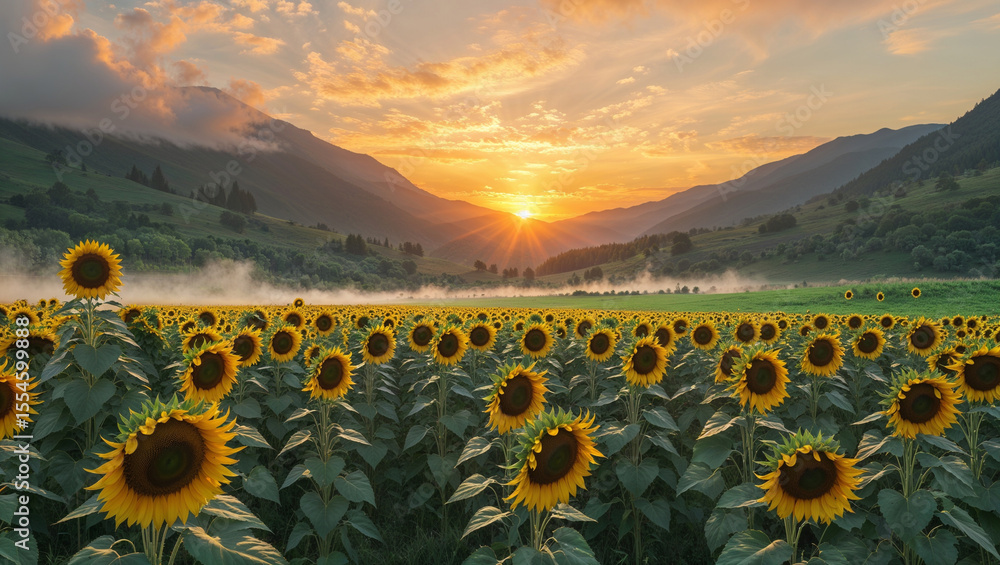 Fototapeta premium Sunflower Field at Sunrise in a Mountain Valley