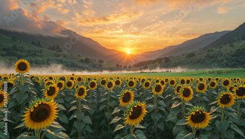 Wallpaper Mural Sunflower Field at Sunrise in a Mountain Valley Torontodigital.ca