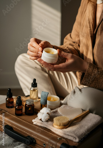  person sitting on a bed or near a suitcase in natural light, gently using a gua sha or applying balm with clean hands. 