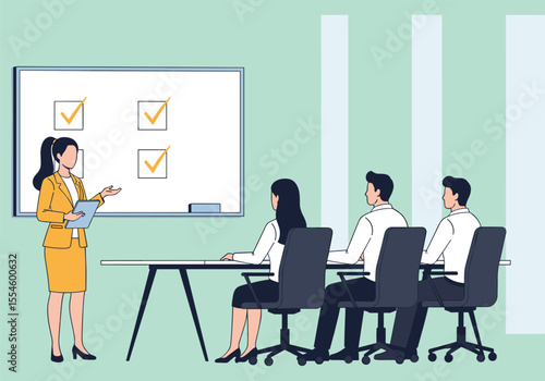 Business presentation meeting, corporate training session, professional speaker, checklist on whiteboard, office seminar, employee development, team learning, strategy planning