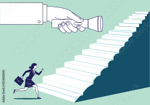 Businesswoman climbing stairs, career growth concept, corporate success journey, motivation support, leadership guidance, opportunity path, personal development, ambition challenge, mentorship
