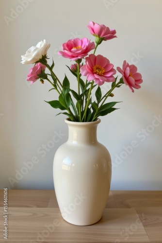 Wallpaper Mural Pink and White Flowers in a Cream Ceramic Vase Torontodigital.ca