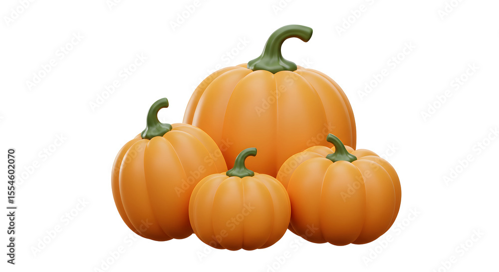 3D Orange Pumpkins and a Butternut Squash, Featuring Smooth Textures and Green Stems, Perfect for Autumn and Harvest Themes 3D Orange Pumpkins and a Butternut Squash, Featuring Smooth Textures and Green Stems, Perfect for Autumn and Harvest Themes