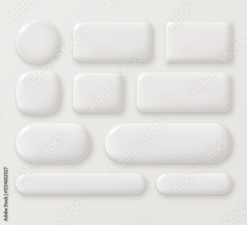 Set of white blank glossy monochrome buttons of different shapes in 3D style. Round, square and rectangular icons or frames. Vector illustration.