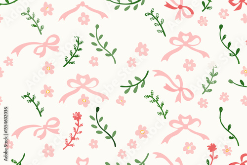 Floral trellis seamless pattern with bows and ribbons. Preppy spring summer hand drawn flowers. Botanical elegant trendy print. Vintage design for fabric, wallpaper or wrapping paper